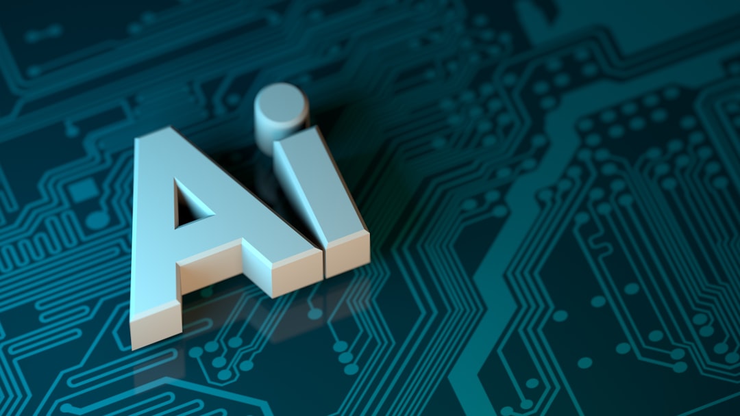 The letters AI in white 3D block font on a dark teal circuit board — Photo by Numan Ali on Unsplash