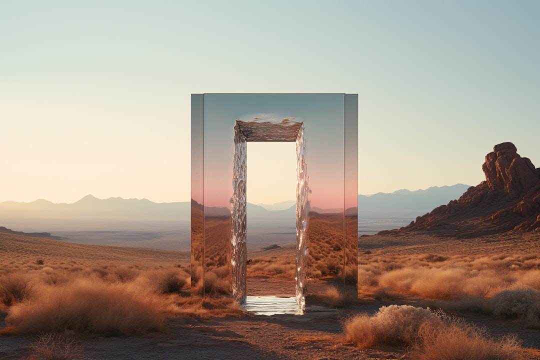 Rectangular portal in a desert landscape at sunset — Photo by Azza Al Ghardaqa on Unsplash